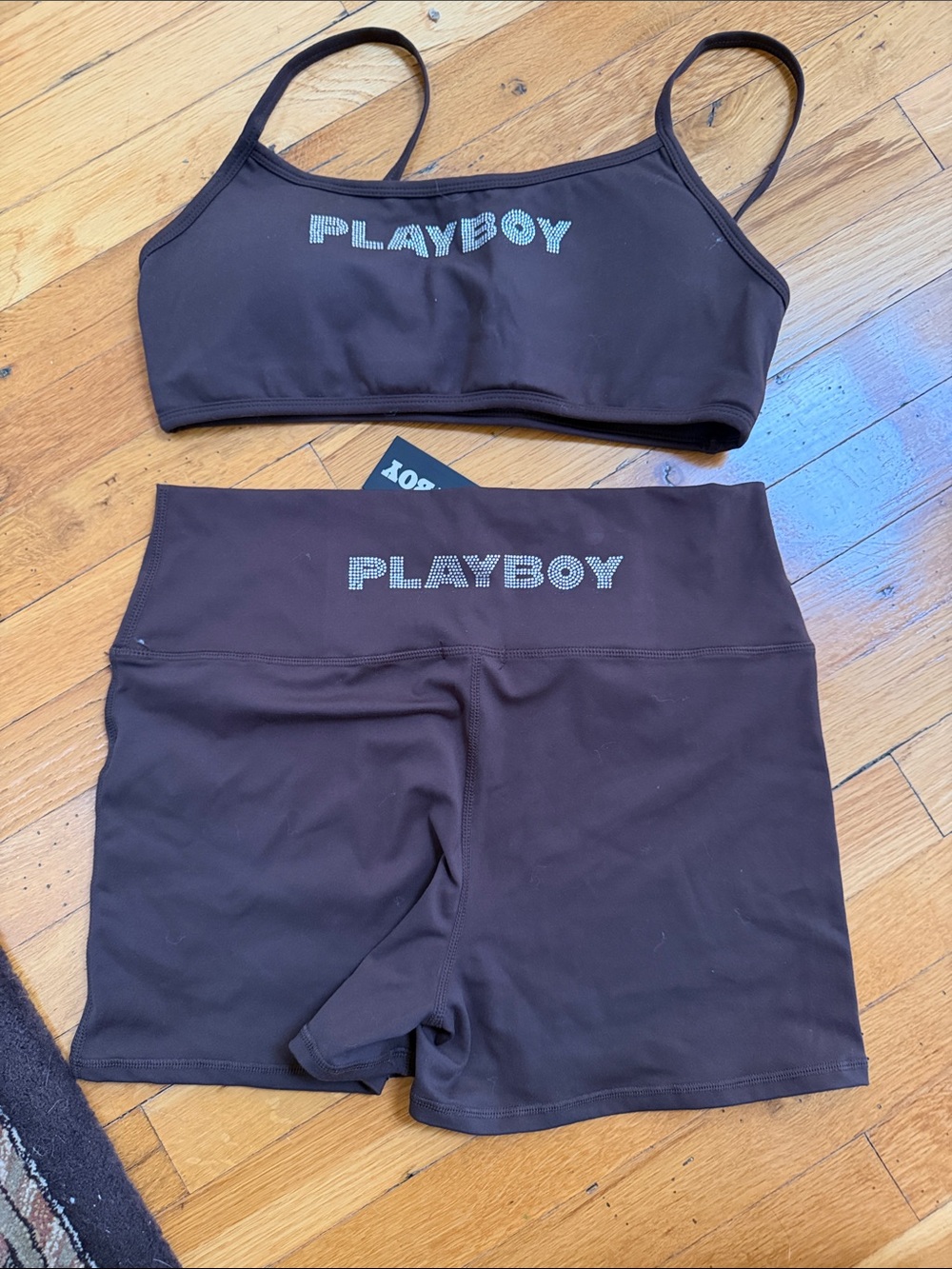 PLAYBOY Brown Rhinestone Logo Sports Bra & Bike Shorts Set, SZ XL
